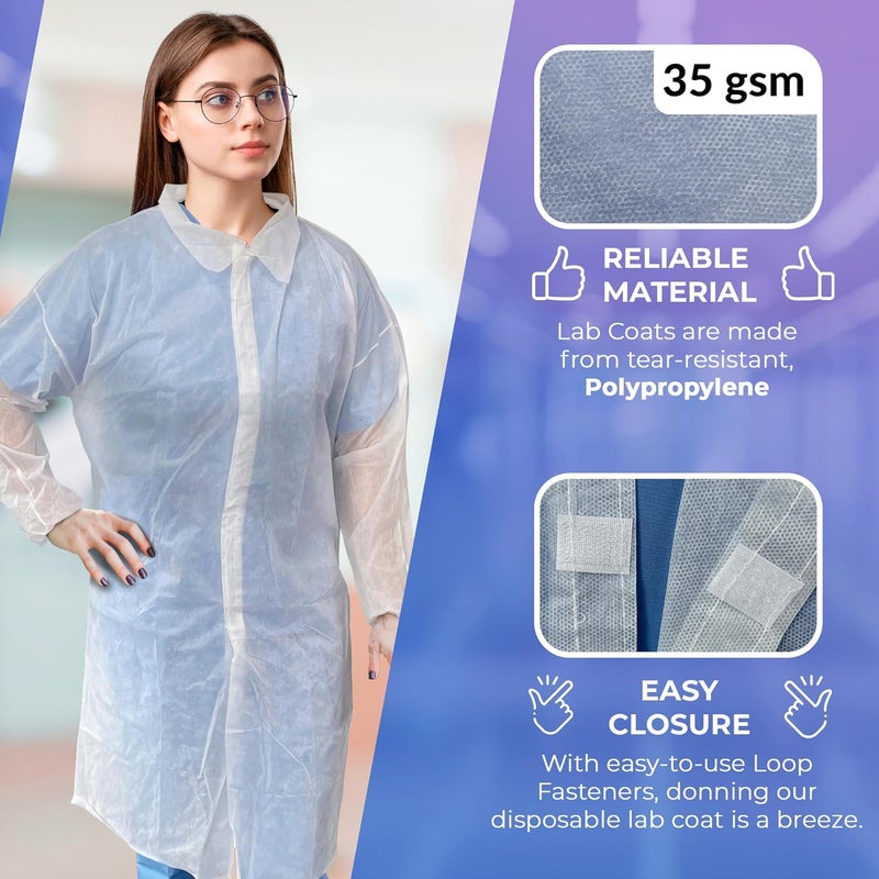 AMZ Medical Supply White Disposable Lab Coat, Large. 10 Pack 35 GSM Polypropylene Fabric Protective Coat. Knee-Length Disposable Lab Coats for Adults with Elastic Wrist, Loop Fasteners, No Pockets - Image 3